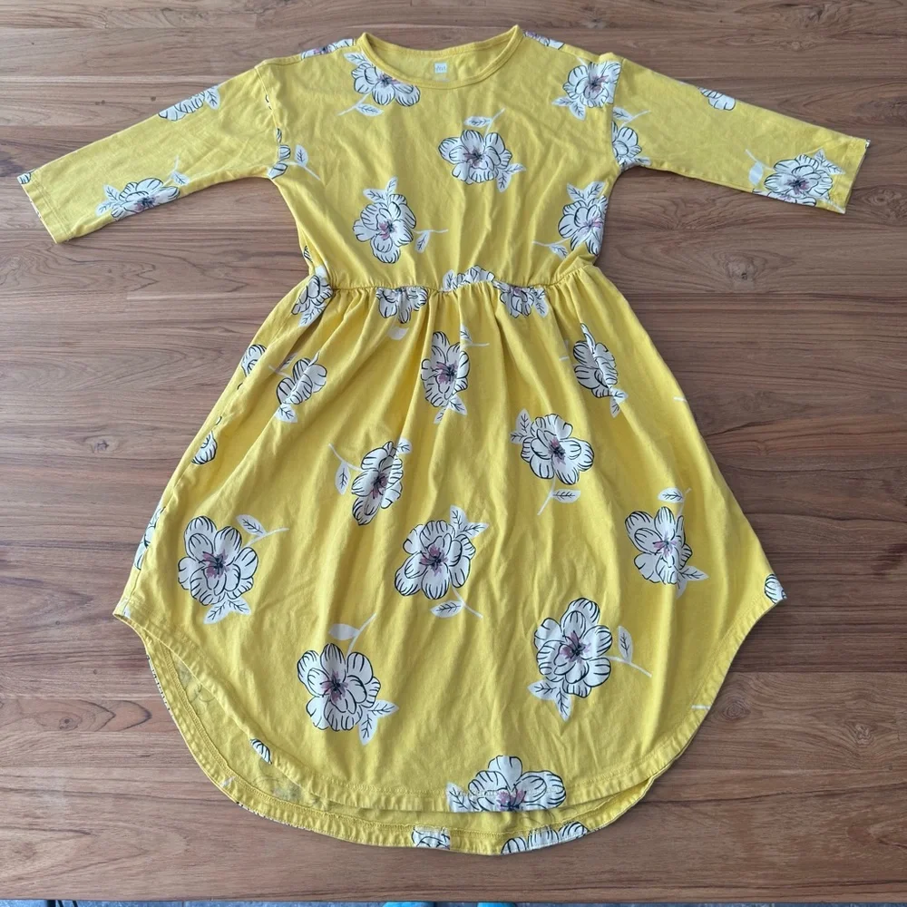 Tea Dress Girls’ 10 Yellow Floral White Flowers 3/4 Sleeves Midi Dress
